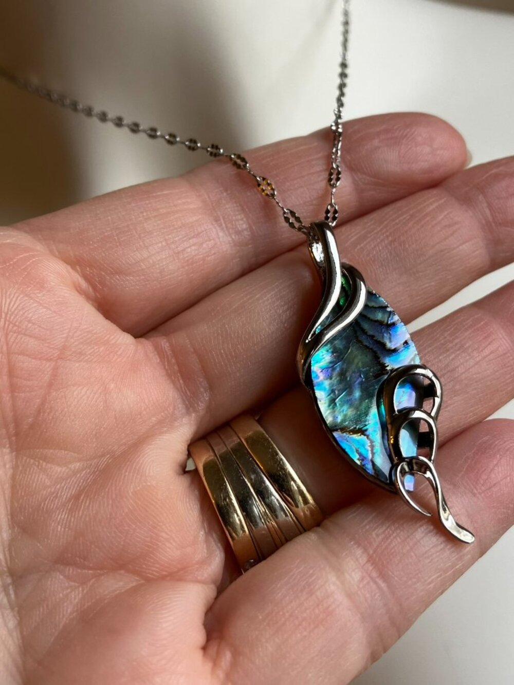 Paua Abalone Shell Pendant Necklace 20-in Waterfall Stainless Steel Chain